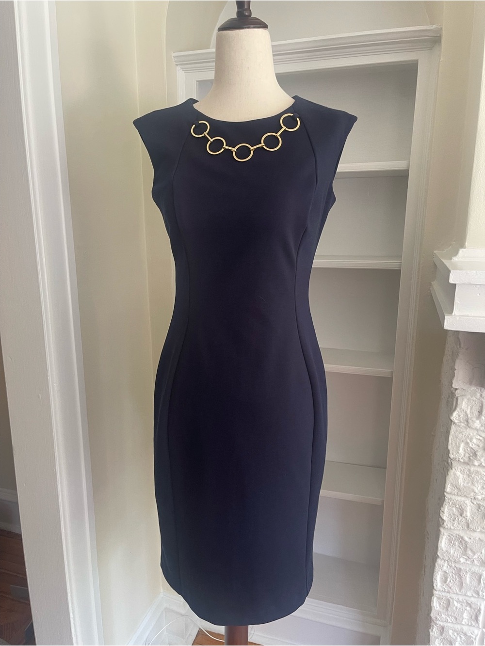 Calvin Klein Navy Midi Sheath Dress with Gold Ring Detail- NEW WITHOUT TAGS